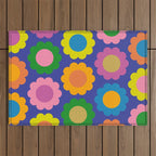 Happy Flowers Colorful Cheerful Retro Pattern on Blue Outdoor Rug Gallery Image 1