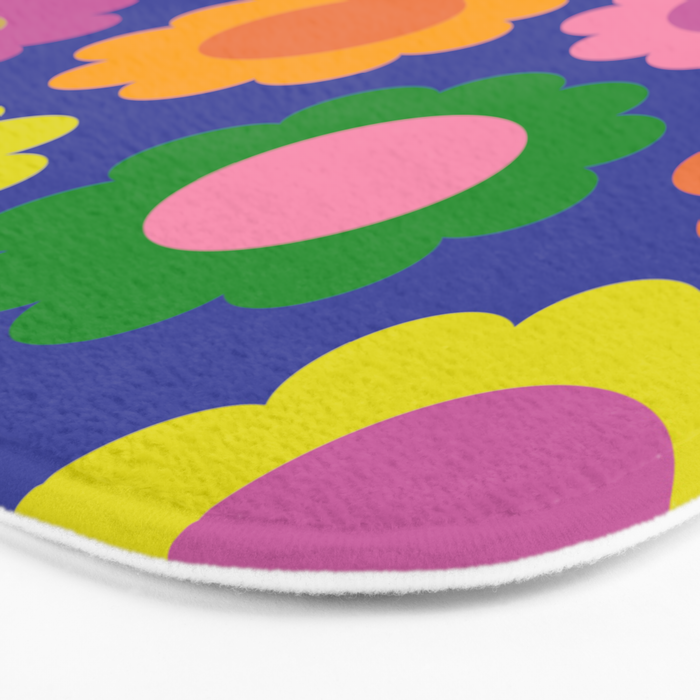Happy Flowers Colorful Cheerful Retro Pattern on Blue Bath Mat Gallery Image 3