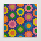 Happy Flowers Colorful Cheerful Retro Pattern on Blue Wood Wall Art Gallery Image 1