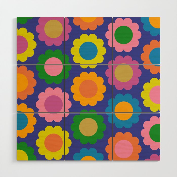 Happy Flowers Colorful Cheerful Retro Pattern on Blue Wood Wall Art Gallery Image 1