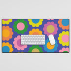 Happy Flowers Colorful Cheerful Retro Pattern on Blue Desk Mat Gallery Image 1