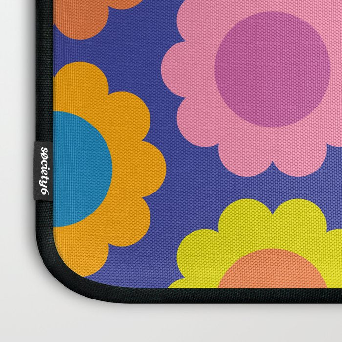 Happy Flowers Colorful Cheerful Retro Pattern on Blue Laptop Sleeve Gallery Image 3