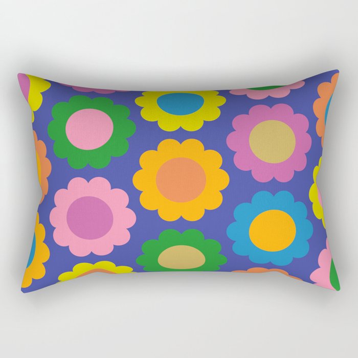 Happy Flowers Colorful Cheerful Retro Pattern on Blue Rectangular Pillow Gallery Image 1