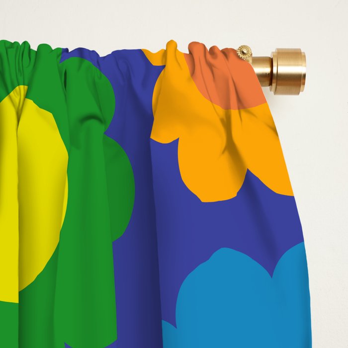 Happy Flowers Colorful Cheerful Retro Pattern on Blue Window Curtain Gallery Image 2