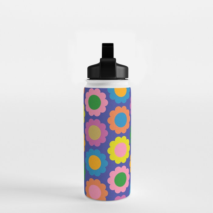 Happy Flowers Colorful Cheerful Retro Pattern on Blue Water Bottle Gallery Image 2