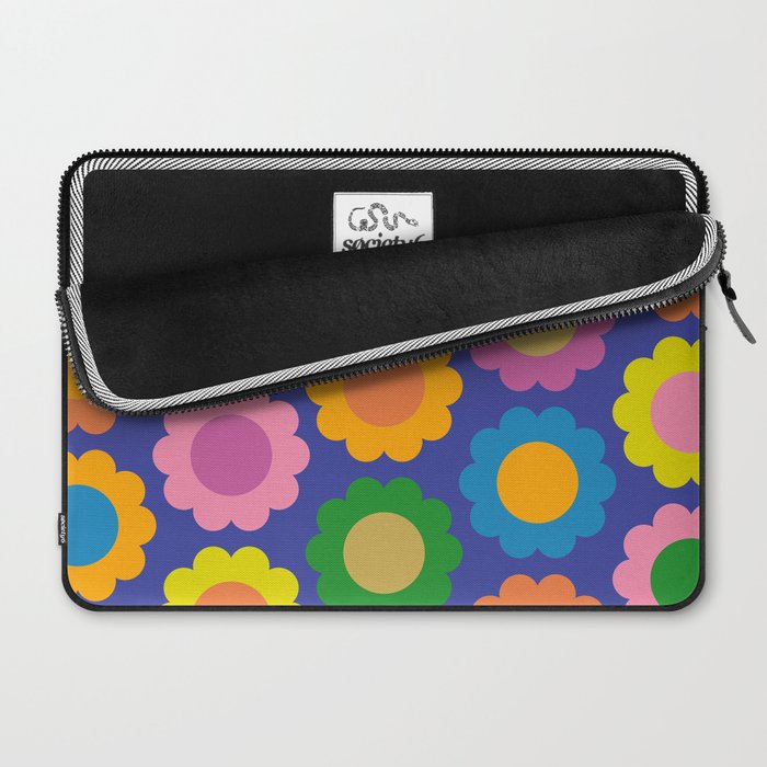 Happy Flowers Colorful Cheerful Retro Pattern on Blue Laptop Sleeve Gallery Image 2