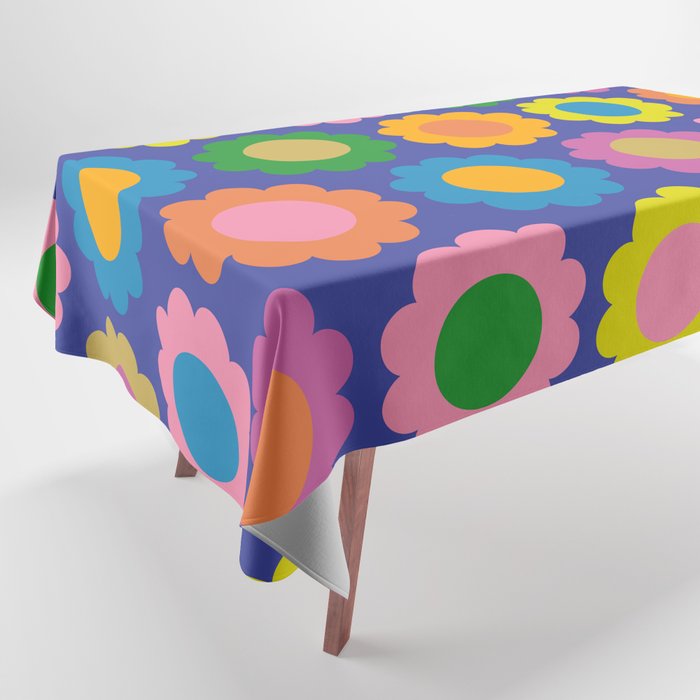 Happy Flowers Colorful Cheerful Retro Pattern on Blue Tablecloth Gallery Image 1