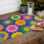 Happy Flowers Colorful Cheerful Retro Pattern on Blue Outdoor Rug Gallery Image 2