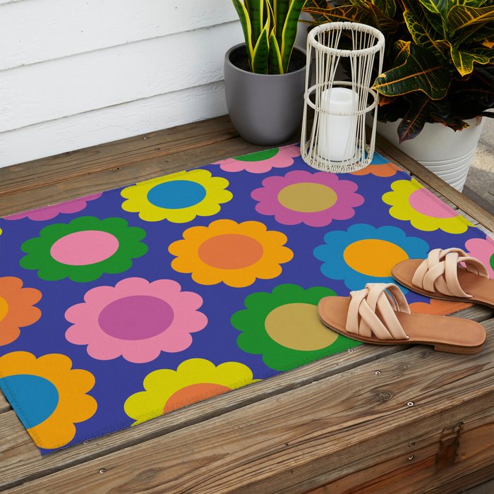 Happy Flowers Colorful Cheerful Retro Pattern on Blue Outdoor Rug Gallery Image 2