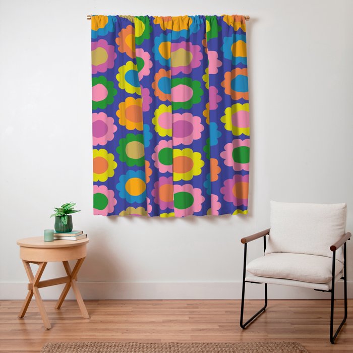 Happy Flowers Colorful Cheerful Retro Pattern on Blue Window Curtain Gallery Image 3
