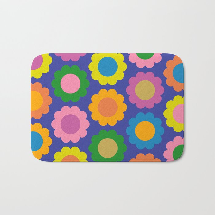 Happy Flowers Colorful Cheerful Retro Pattern on Blue Bath Mat Gallery Image 1
