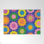 Happy Flowers Colorful Cheerful Retro Pattern on Blue Welcome Mat Gallery Image 1