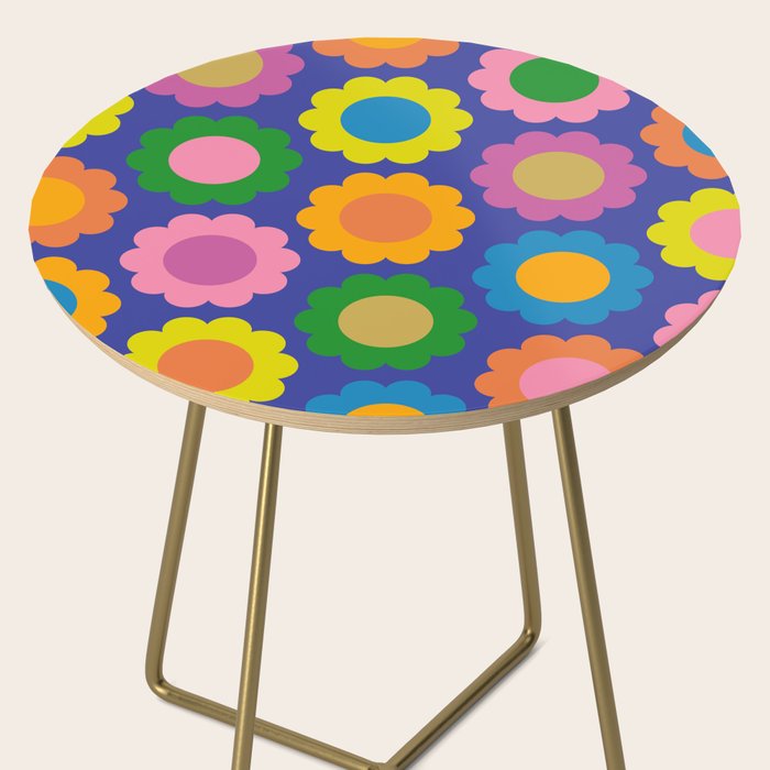 Happy Flowers Colorful Cheerful Retro Pattern on Blue Side Table Gallery Image 2