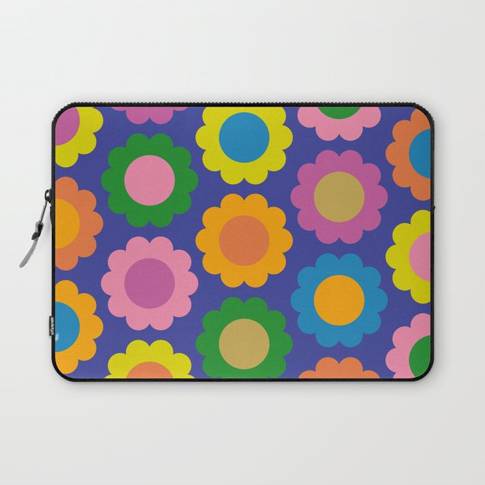 Happy Flowers Colorful Cheerful Retro Pattern on Blue Laptop Sleeve Gallery Image 1