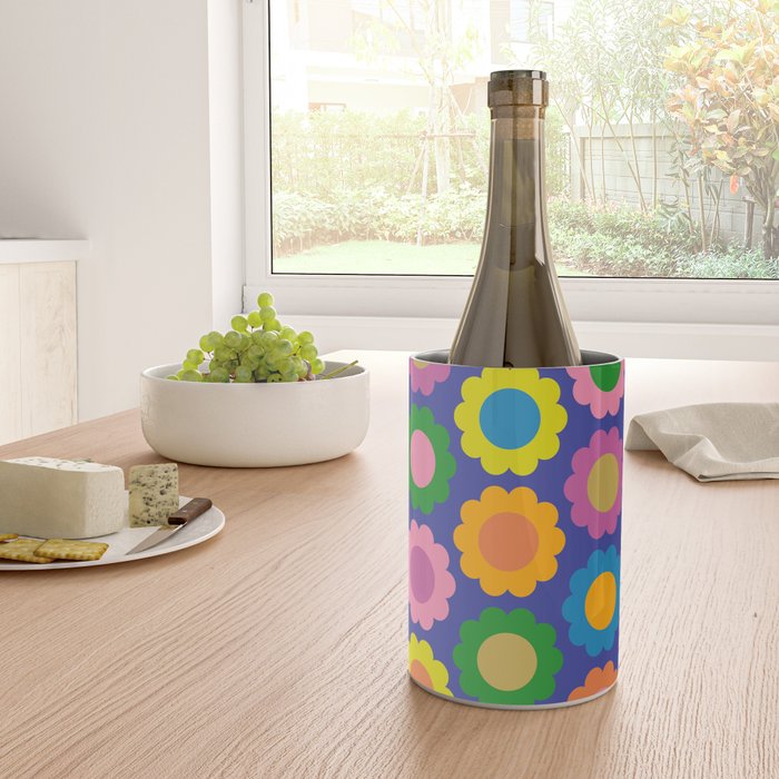 Happy Flowers Colorful Cheerful Retro Pattern on Blue Wine Chiller Gallery Image 4