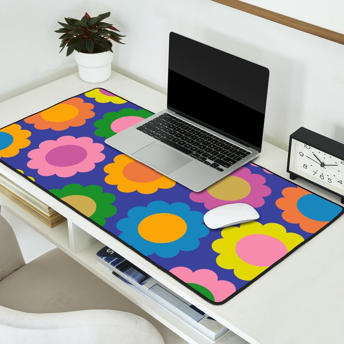 Happy Flowers Colorful Cheerful Retro Pattern on Blue Desk Mat Gallery Image 2