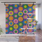 Happy Flowers Colorful Cheerful Retro Pattern on Blue Wall Mural Gallery Image 1