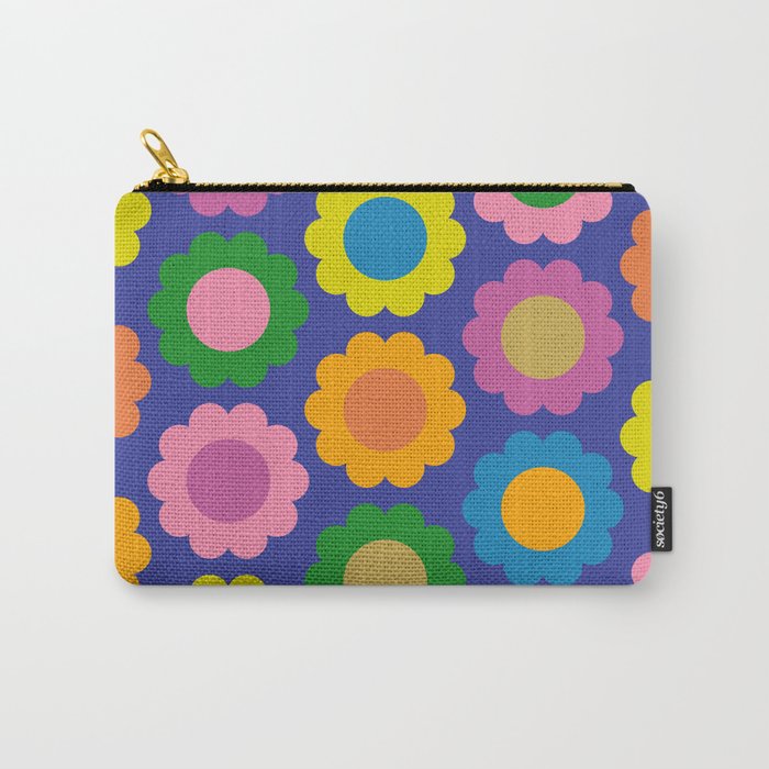 Happy Flowers Colorful Cheerful Retro Pattern on Blue Carry All Pouch Gallery Image 1
