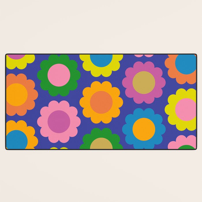 Happy Flowers Colorful Cheerful Retro Pattern on Blue Desk Mat Gallery Image 3