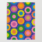 Happy Flowers Colorful Cheerful Retro Pattern on Blue Poster Gallery Image 4