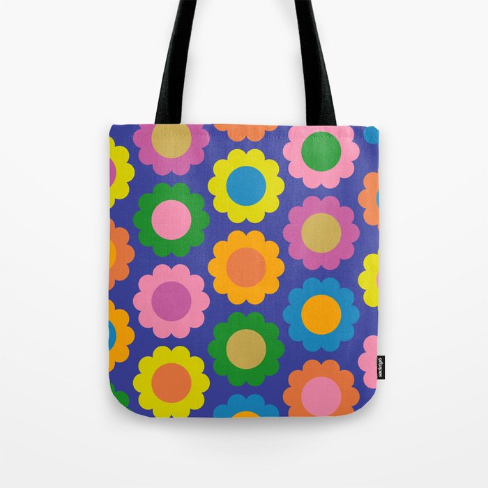 Happy Flowers Colorful Cheerful Retro Pattern on Blue Tote Bag Gallery Image 1