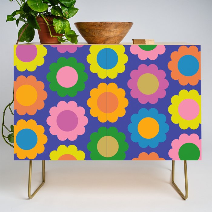 Happy Flowers Colorful Cheerful Retro Pattern on Blue Credenza Gallery Image 1