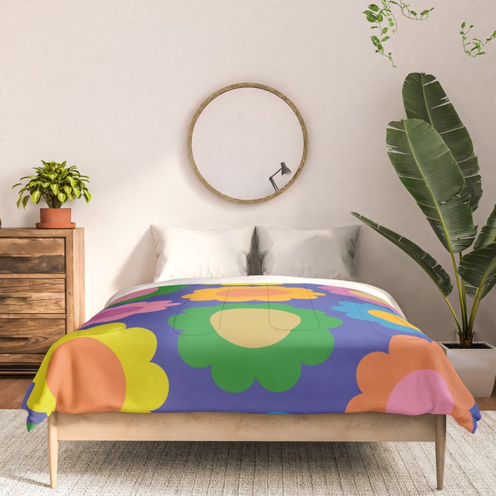 Happy Flowers Colorful Cheerful Retro Pattern on Blue Comforter Gallery Image 3