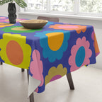 Happy Flowers Colorful Cheerful Retro Pattern on Blue Tablecloth Gallery Image 3