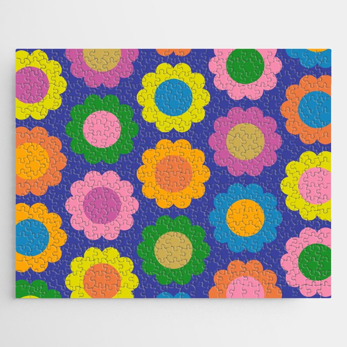 Happy Flowers Colorful Cheerful Retro Pattern on Blue Jigsaw Puzzle Gallery Image 1