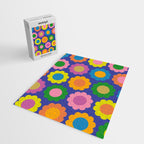 Happy Flowers Colorful Cheerful Retro Pattern on Blue Jigsaw Puzzle Gallery Image 2