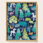 Geometric whimsical wonderland // navy blue background green forest with unicorns foxes gnomes and mushrooms Serving Tray Gallery Image 1