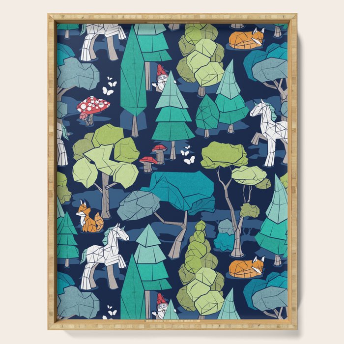 Geometric whimsical wonderland // navy blue background green forest with unicorns foxes gnomes and mushrooms Serving Tray Gallery Image 1