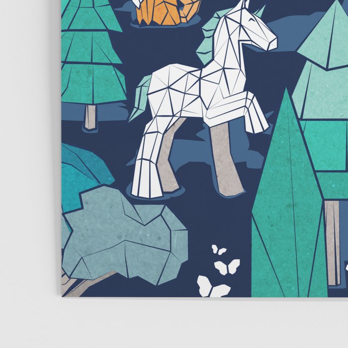 Geometric whimsical wonderland // navy blue background green forest with unicorns foxes gnomes and mushrooms Poster Gallery Image 3
