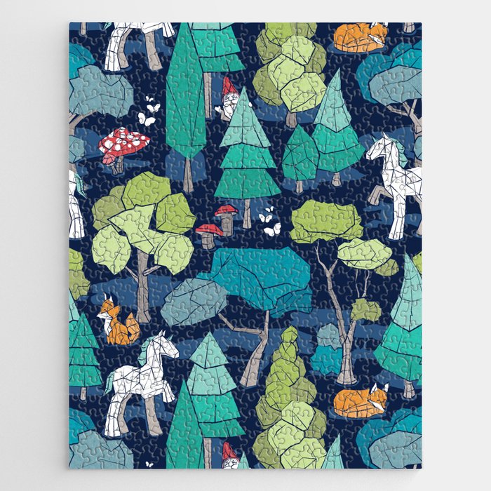 Geometric whimsical wonderland // navy blue background green forest with unicorns foxes gnomes and mushrooms Jigsaw Puzzle Gallery Image 1