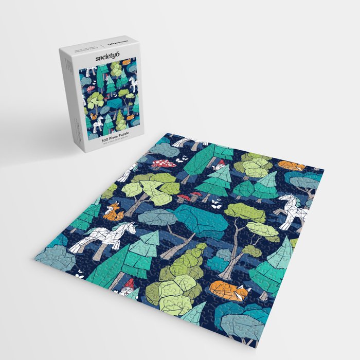 Geometric whimsical wonderland // navy blue background green forest with unicorns foxes gnomes and mushrooms Jigsaw Puzzle Gallery Image 2