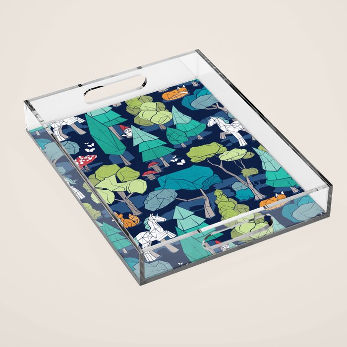 Geometric whimsical wonderland // navy blue background green forest with unicorns foxes gnomes and mushrooms Acrylic Tray Gallery Image 1