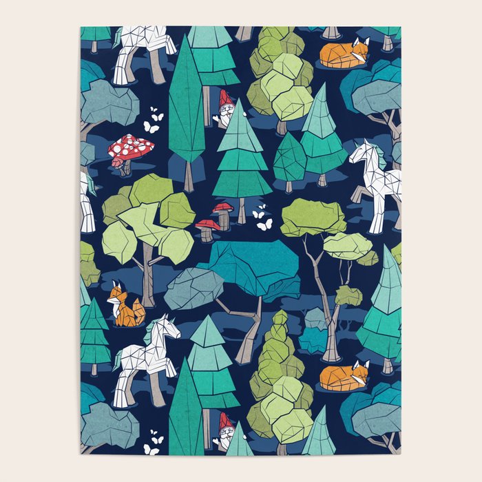 Geometric whimsical wonderland // navy blue background green forest with unicorns foxes gnomes and mushrooms Poster Gallery Image 4