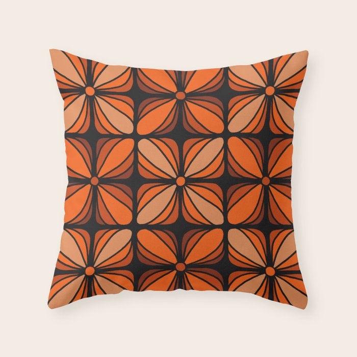 Retro 70s square mod flowers orange brown Throw Pillow Gallery Image 1