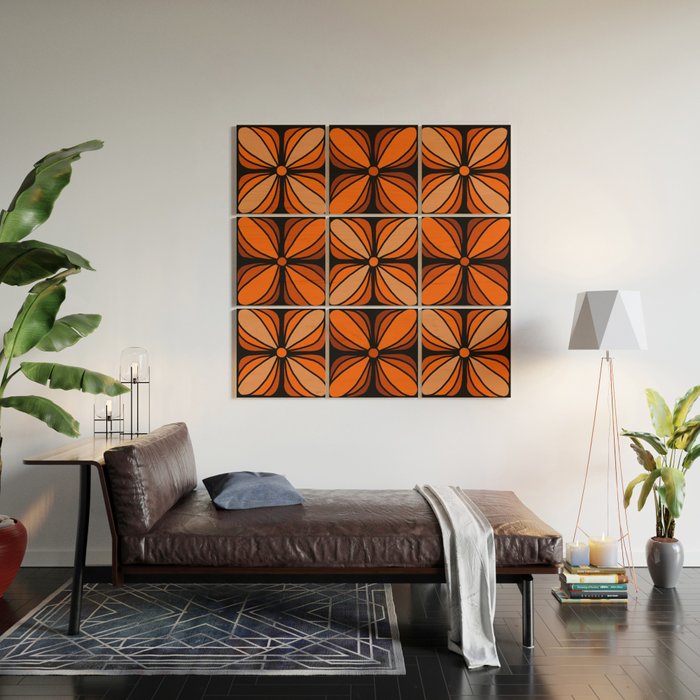 Retro 70s square mod flowers orange brown Wood Wall Art Gallery Image 2
