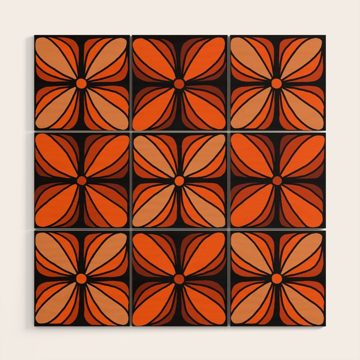 Retro 70s square mod flowers orange brown Wood Wall Art Gallery Image 1