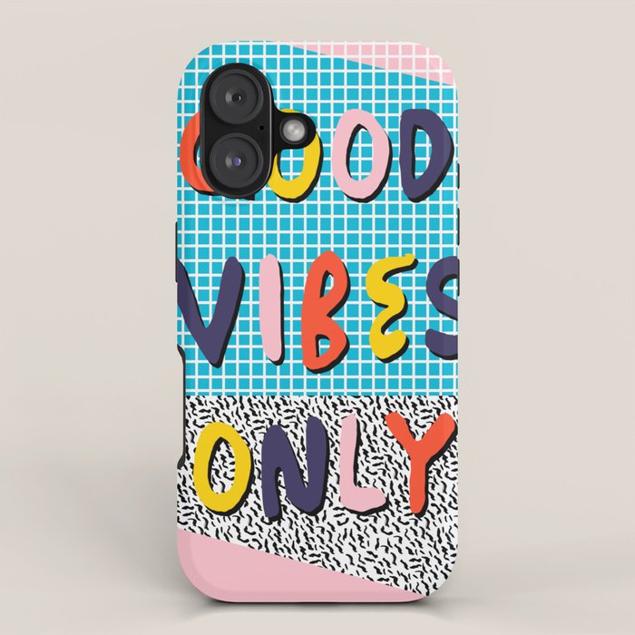 Check it - good vibes happy smiles fun modern memphis throwback art 1980's 80's 80s 1980s 1980 neon  iPhone Case Gallery Image 1