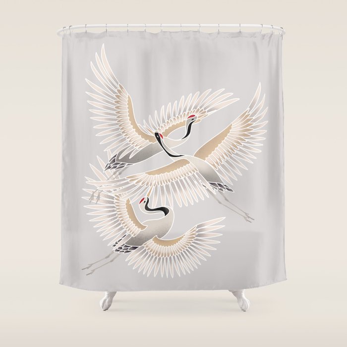 traditional Japanese cranes bright illustration Shower Curtain Gallery Image 1