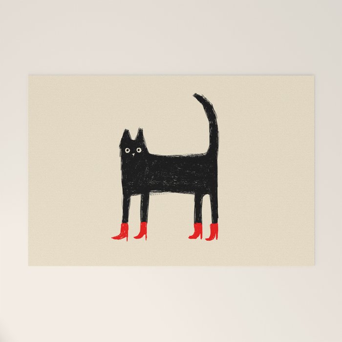 Black Cat In Red Boots Welcome Mat