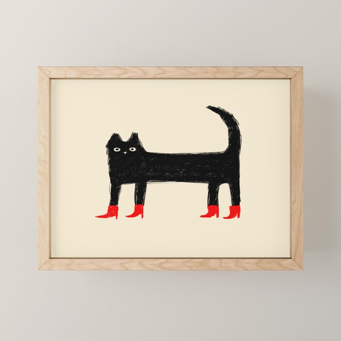 Black Cat in Red Boots Mini Art Print Gallery Image 1