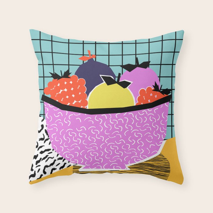 Crucial - modern pop art throwback neon miami memphis design geometric grid fruit food art print Throw Pillow Gallery Image 6