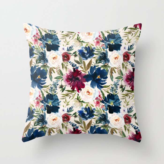 Burgundy Navy Cream Floral Watercolor Pattern B Throw Pillow Gallery Image 6