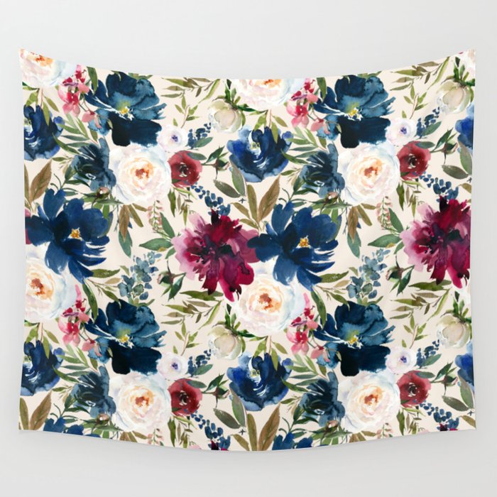 Burgundy Navy Cream Floral Watercolor Pattern B Wall Tapestry Gallery Image 1