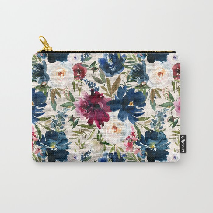 Burgundy Navy Cream Floral Watercolor Pattern B Carry All Pouch Gallery Image 1