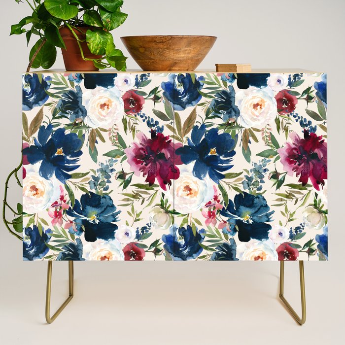 Burgundy Navy Cream Floral Watercolor Pattern B Credenza Gallery Image 1