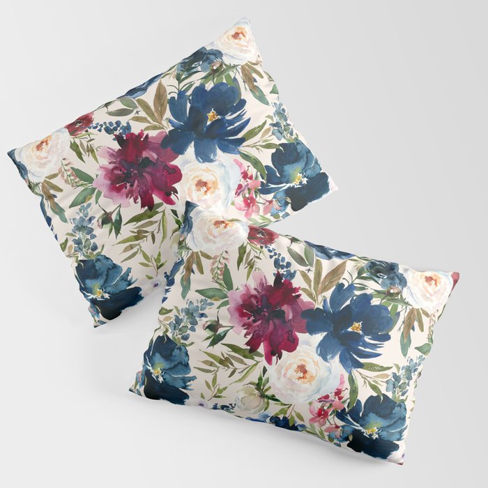 Burgundy Navy Cream Floral Watercolor Pattern B Pillow Sham Gallery Image 3